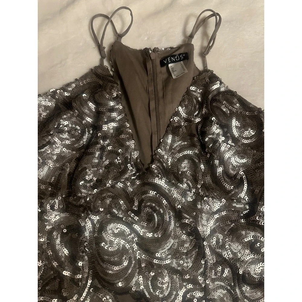 Venus Sequin Swirl Cocktail Dress Taupe Silver V-Neck Bodycon Women 14 Party - Picture 11 of 16